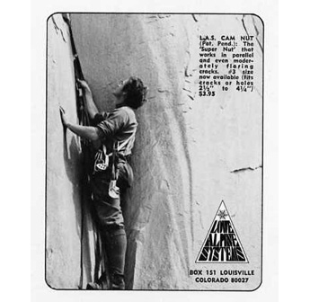 Advertentie voor de Lowe Alpine Cam Nut – een koopje voor $3,95!; Climbing magazine, mei/juni 1973